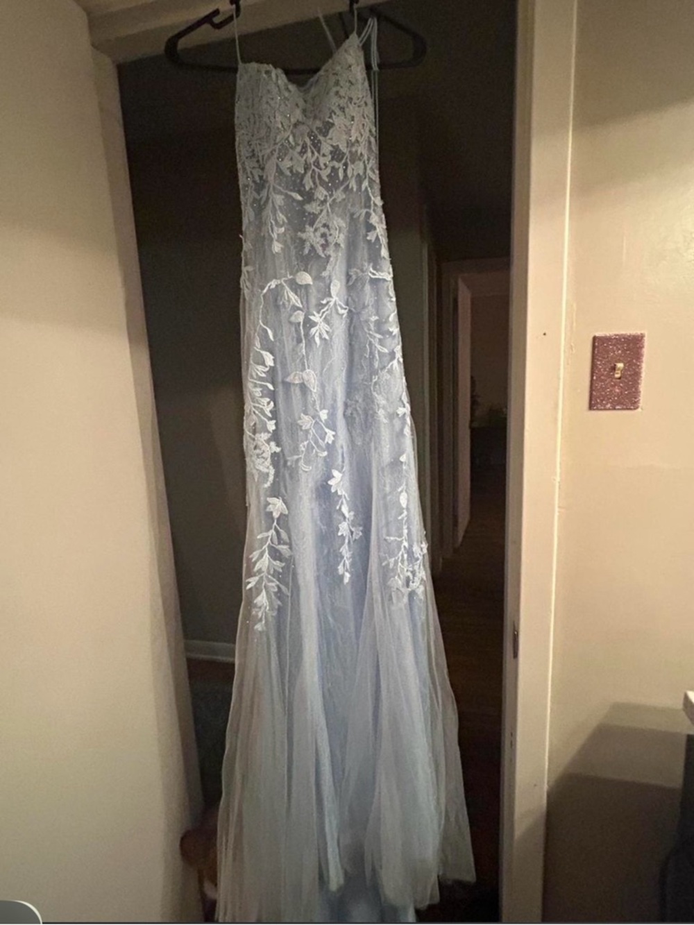 Elegant Light Blue Backless Lace Evening Gown